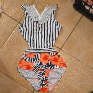 Amazon Essentials Green And Salmon One Piece Swimsuit